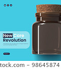Elegant cosmetic jar made of brown glass with a cork lid and a white flower on a blue background 98645874