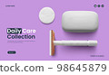 Banner cosmetic bath set for showering and shaving. Soap, shaving machine, cotton pad on a pink 98645879