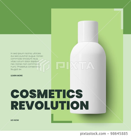 Flyer cosmetic bottle for makeup and beauty on a green background in the form of a magazine cover Flyer cosmetic bottle for makeup and beauty on a green background in the form of a magazine cover 98645885
