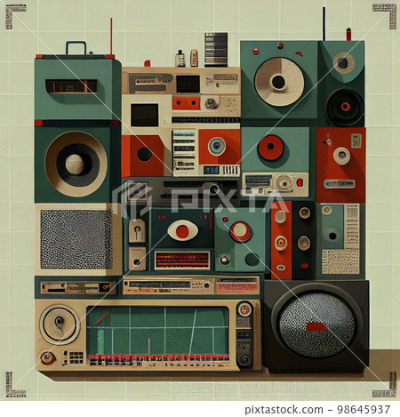 Image material: Collage image of machines such as retro speakers and radios 98645937