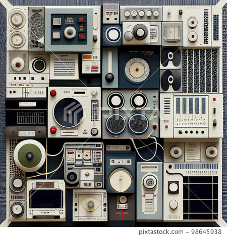 Image material: Collage image of machines such as retro speakers and radios 98645938