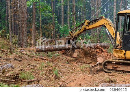 It is an uprooting trees using tractor manipulator then lifting logs to prepare land for construction of housing development. 98646625