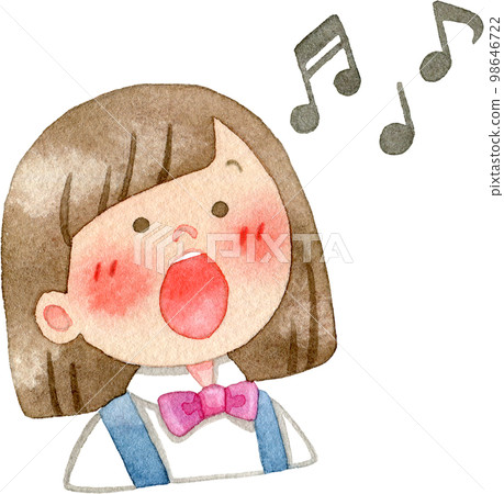 Watercolor illustration of a singing child and musical notes (facing right) 98646722