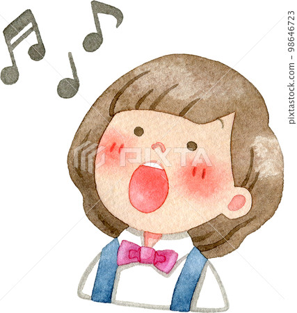Watercolor illustration of a singing child and musical notes (facing left) 98646723