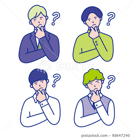 Upper body illustration material [set] of a male student with an image of feeling doubt and tilting his head 98647240