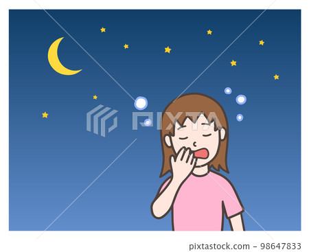 一個女人在晚上變得困倦，困倦 98647833