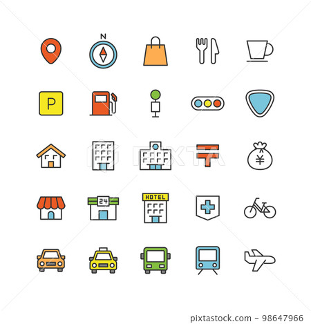 Map-related line drawing icon set (with color) 98647966
