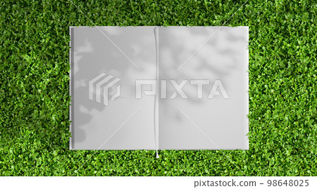 A green garden with refreshing shade and a background of a white book with a bookmark A green garden with refreshing shade and a background of a white book with a bookmark 98648025