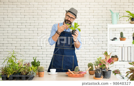 An elderly man handsome with have mustache wearing glasses is happy with tree care. is a hobby of gardening at home, living happily after retirement. Concepts nature and environment An elderly man handsome with have mustache wearing glasses is happy with tree care. is a hobby of gardening at home, living happily after retirement. Concepts nature and environment 98648327