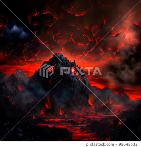 Red mountains, flashes and cracks on the surface. Gloomy sky. Magma and lava spread over the mountains. Lava world collection Red mountains, flashes and cracks on the surface. Gloomy sky. Magma and lava spread over the mountains. Lava world collection 98648532