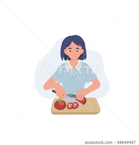 woman preparing and slicing fresh vegetables on cutting board in the kitchen. flat vector illustration. woman preparing and slicing fresh vegetables on cutting board in the kitchen. flat vector illustration. 98649487