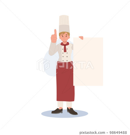 Woman chef Holding Menu and doing thumb up with recommended dish. Chef with blank placard. Woman chef Holding Menu and doing thumb up with recommended dish. Chef with blank placard. 98649488