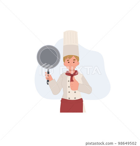 chef woman holding pan is doing thumb up gesture. Flat vector illustration chef woman holding pan is doing thumb up gesture. Flat vector illustration 98649502