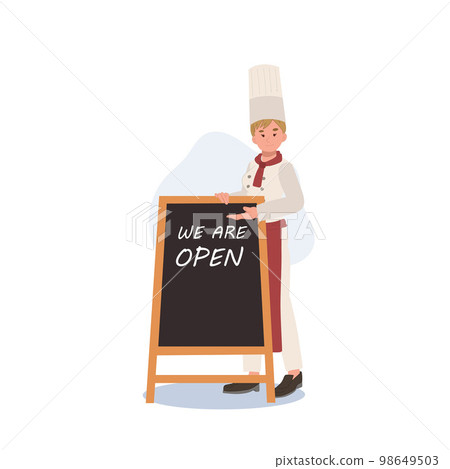 smiling woman chef is welcoming with blackboard sign 'we are open'. Flat vector illustration smiling woman chef is welcoming with blackboard sign 'we are open'. Flat vector illustration 98649503
