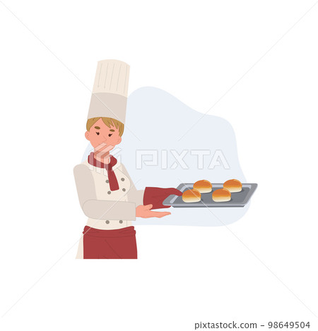 Happy Smiling woman bakery staff presenting tray of fresh loaves. Flat vector illustration 98649504