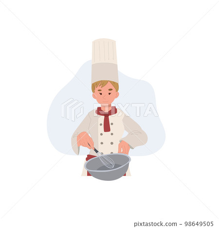 Woman chef cooking whipping or mixing food in a bowl. Flat vector illustration Woman chef cooking whipping or mixing food in a bowl. Flat vector illustration 98649505