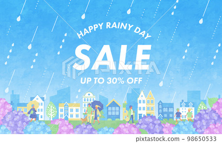 雨季銷售橫幅設計與繡球花、城市景觀和人。 （矢量圖背景） 98650533