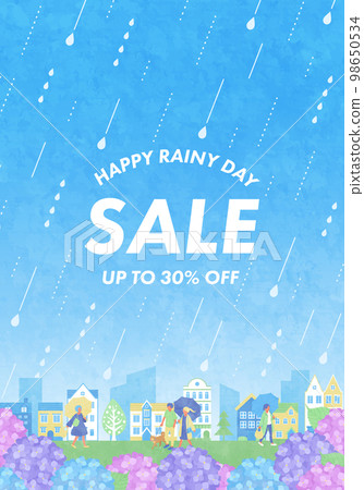 雨季銷售橫幅設計與繡球花、城市景觀和人。 (矢量圖背景) 雨季銷售橫幅設計與繡球花、城市景觀和人。 (矢量圖背景) 98650534