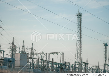 Power line support with wires for electricity transmission. Silh 98650747