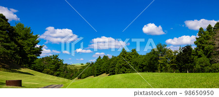 Panorama of the middle course, the final hole where you can see the golf course and clubhouse in the blue sky (Kisarazu City, Chiba Prefecture) 98650950