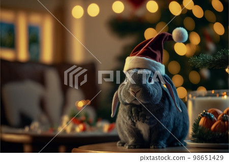 Black rabbit in Christmas hat amid Christmas set created with generative AI technology. High quality illustration Black rabbit in Christmas hat amid Christmas set created with generative AI technology. High quality illustration 98651429