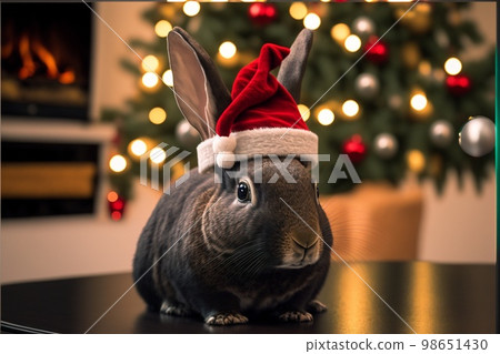 Black rabbit in Christmas hat amid Christmas set created with generative AI technology. High quality illustration Black rabbit in Christmas hat amid Christmas set created with generative AI technology. High quality illustration 98651430