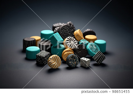 Licorice sweets on a black background created with generative AI technology. High quality illustration Licorice sweets on a black background created with generative AI technology. High quality illustration 98651455