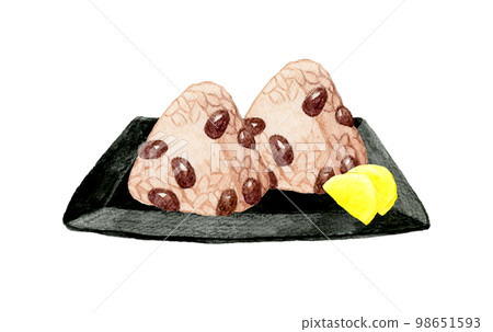 Sekihan okowa rice balls and pickled radish on a plate Japanese hand-painted watercolor illustration material 98651593
