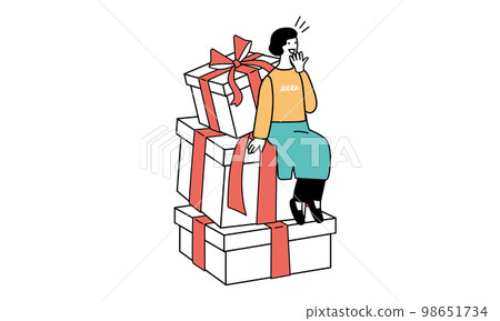 一個女人對許多禮物感到驚訝的插圖 98651734