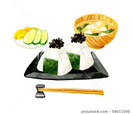 海帶飯糰味增湯鹹菜日式早餐套餐日式手繪水彩插畫 海帶飯糰味增湯鹹菜日式早餐套餐日式手繪水彩插畫 98651898