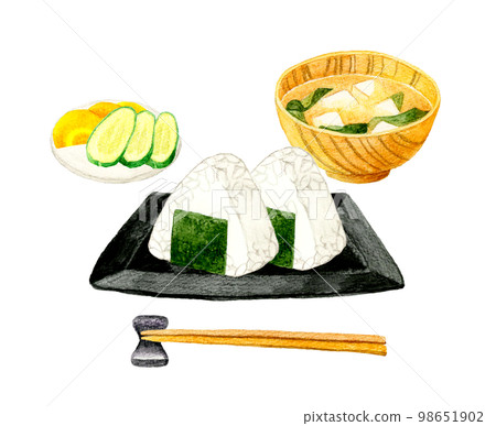 Nori-wrapped rice balls, miso soup, and pickles Japanese breakfast set Japanese hand-painted watercolor illustrations 98651902