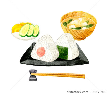 明太子(鱈魚子)飯糰、味噌湯、鹹菜日式早餐套餐日本手繪水彩插畫素材 明太子(鱈魚子)飯糰、味噌湯、鹹菜日式早餐套餐日本手繪水彩插畫素材 98651909