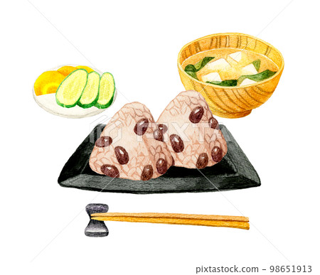 赤坂大和飯糰、味噌湯、鹹菜日式早餐套餐日式手繪水彩插畫 98651913