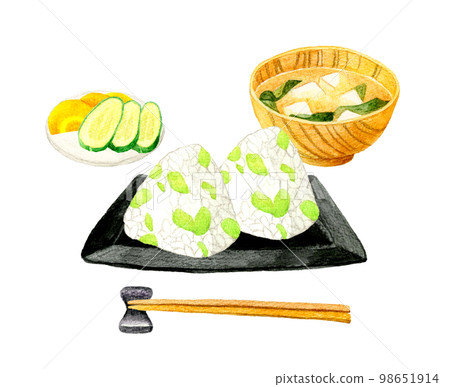 毛豆飯糰、味噌湯、鹹菜日式早餐套餐日本手繪水彩插畫素材 98651914