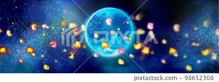 Fantasy background landscape illustration of yellow mystical butterflies flying around a blue full moon Fantasy background landscape illustration of yellow mystical butterflies flying around a blue full moon 98652308