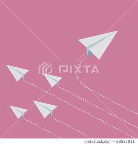 Vector illustration of a unique paper airplane flying out of a group of paper airplanes flying in the same direction Vector illustration of a unique paper airplane flying out of a group of paper airplanes flying in the same direction 98653031