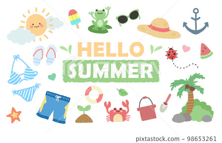 手繪蠟像夏日元素,可愛的動物和海邊地圖 手繪蠟像夏日元素,可愛的動物和海邊地圖 98653261