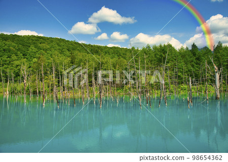 Beautiful blue pond in Biei Shirogane Beautiful blue pond in Biei Shirogane 98654362