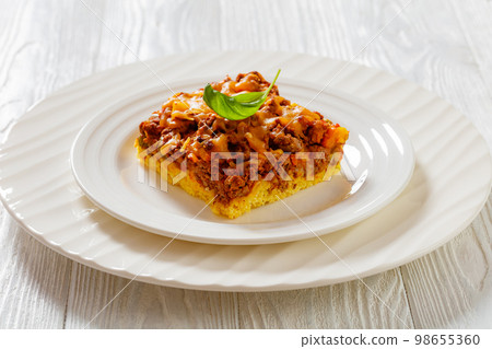 portion of tasty Cajun Beef Cornbread Casserole 98655360