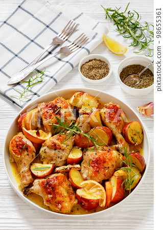 Lemon Garlic Chicken with roast potatoes, top view Lemon Garlic Chicken with roast potatoes, top view 98655361
