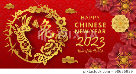 Happy chinese new year 2023, Year of the Rabbit with gold paper cut art style on red background (Chinese Translation : Rabbit) Happy chinese new year 2023, Year of the Rabbit with gold paper cut art style on red background (Chinese Translation : Rabbit) 98656959