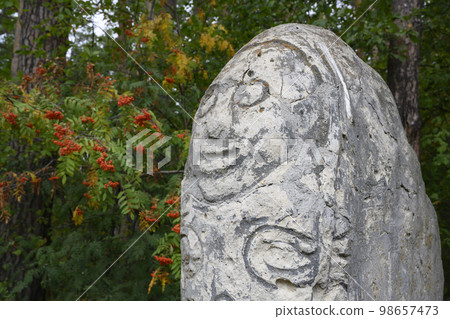 Replica of Menhir, ancient stone monument to serve ceremonial and religious events in Siberia 98657473