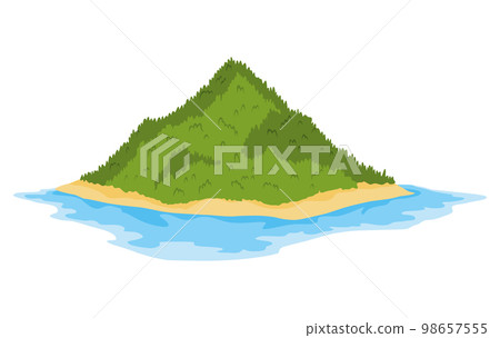 Tropical island with green trees in ocean. Uninhabited isle with beach surrounded with sea water. Empty land and no people. Exotic natural landscape for vacation or summer weekend holiday 98657555