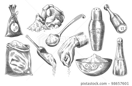 Sea salt sketch set. Hand draw spice, vintage sea powder. Food ingredients to cook, isolated coloring vector illustration 98657601