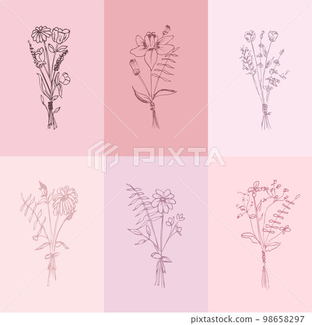 Botanical drawing. Minimal plant logo, meadow greenery, leaves and flowers abstract sketch collection, linear rustic branch. Vector hand drawn wedding invitation bouquet decoration set 98658297