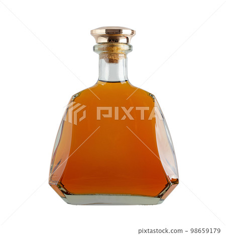 Bottle of amber color premium alcohol, isolated on white background. 98659179
