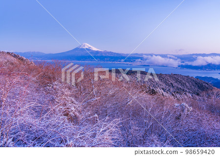 (靜岡縣)從白雪皚皚的達摩山高原看到的富士山 (靜岡縣)從白雪皚皚的達摩山高原看到的富士山 98659420
