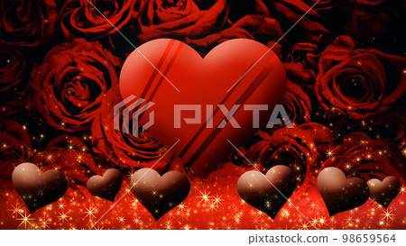 玫瑰背景上漂浮的巧克力心的形象,情人節 玫瑰背景上漂浮的巧克力心的形象,情人節 98659564