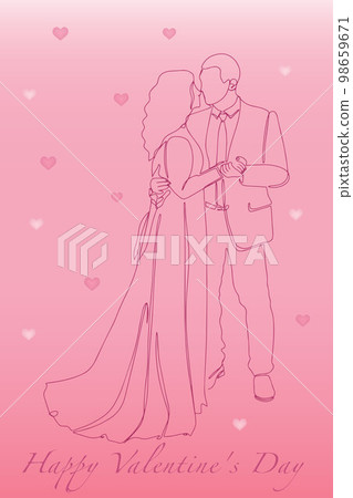 Postcard Happy Valentine's Day. Continuous line drawing of couples who love each other hold hands. Vector illustration Postcard Happy Valentine's Day. Continuous line drawing of couples who love each other hold hands. Vector illustration 98659671