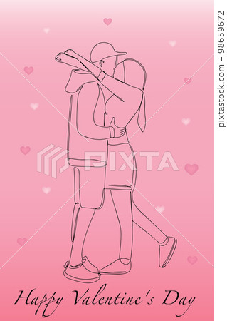 Postcard Happy Valentine's Day. Silhouette of hugging lovers. Embrace of a man and a woman. Vector illustration. 98659672